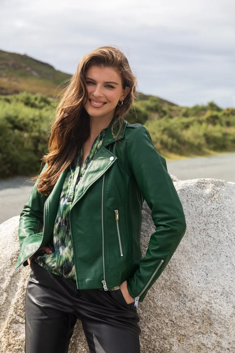Cara Pine Green Faux Leather Jacket Reinforced Stitching