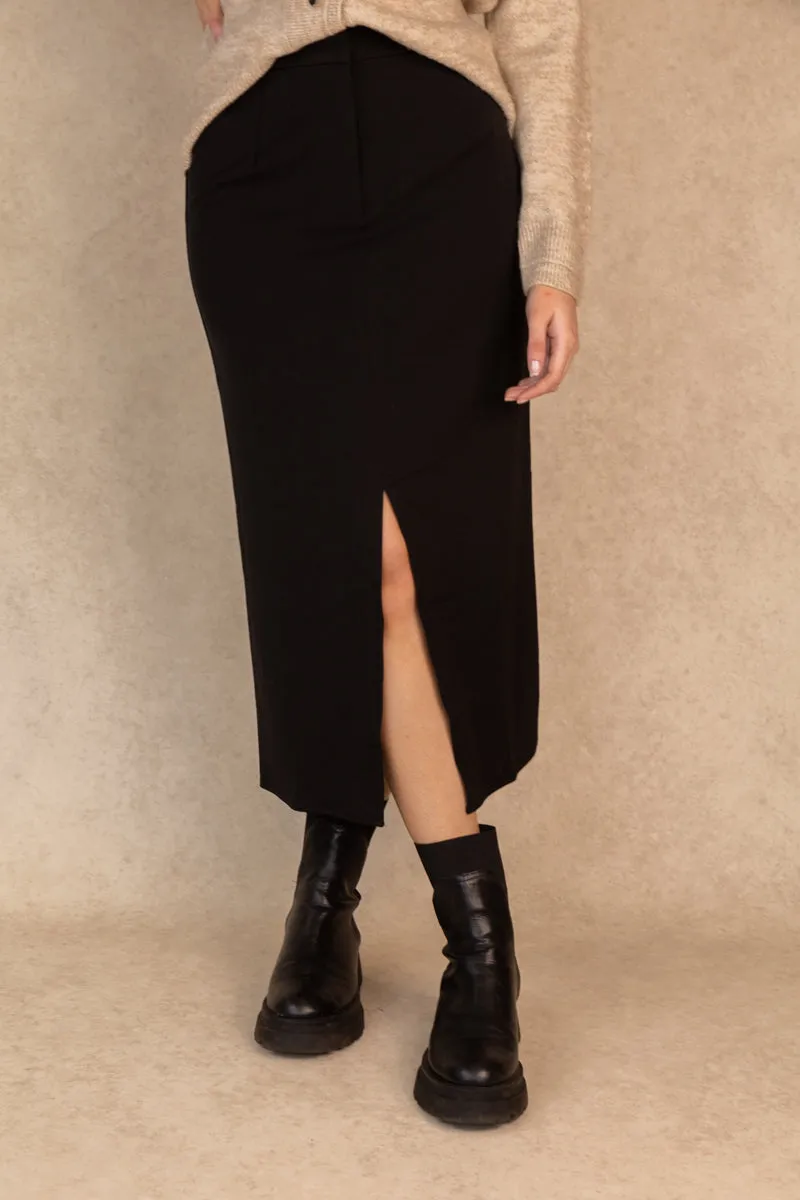 Thermoregulating Fabric Twist Front Varone High Waisted Black Skirt