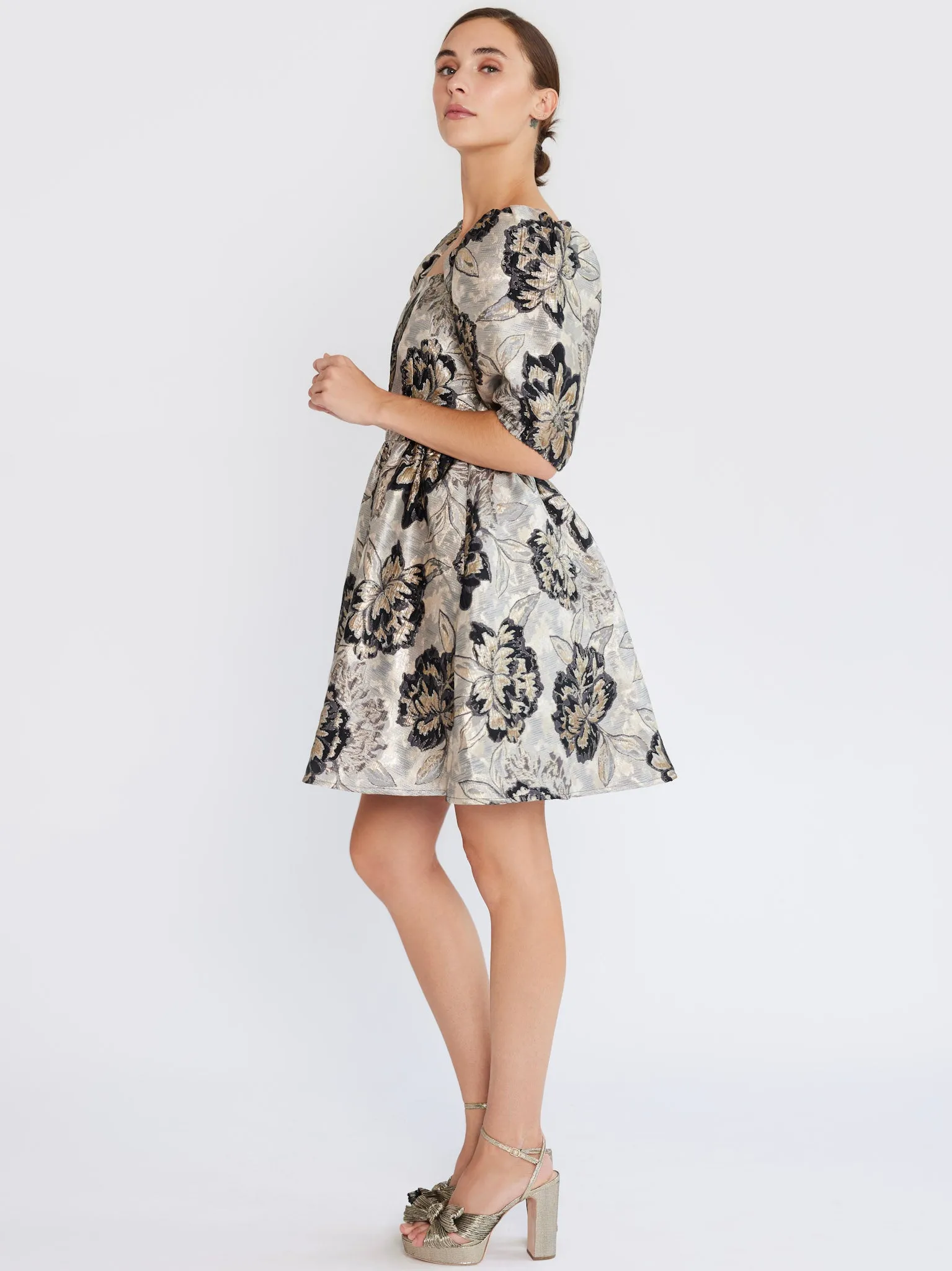 Nina Dress in Black Brocade Gemstone-Detail