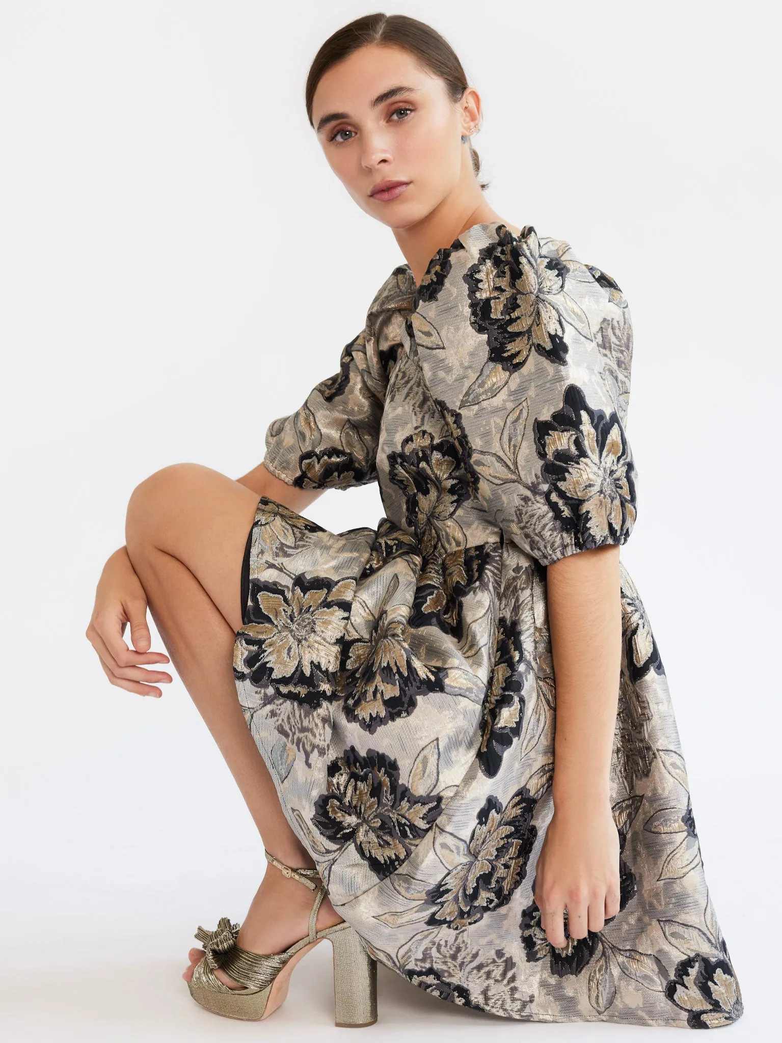 Sophisticated Edge Feminine Vibe Nina Dress in Black Brocade