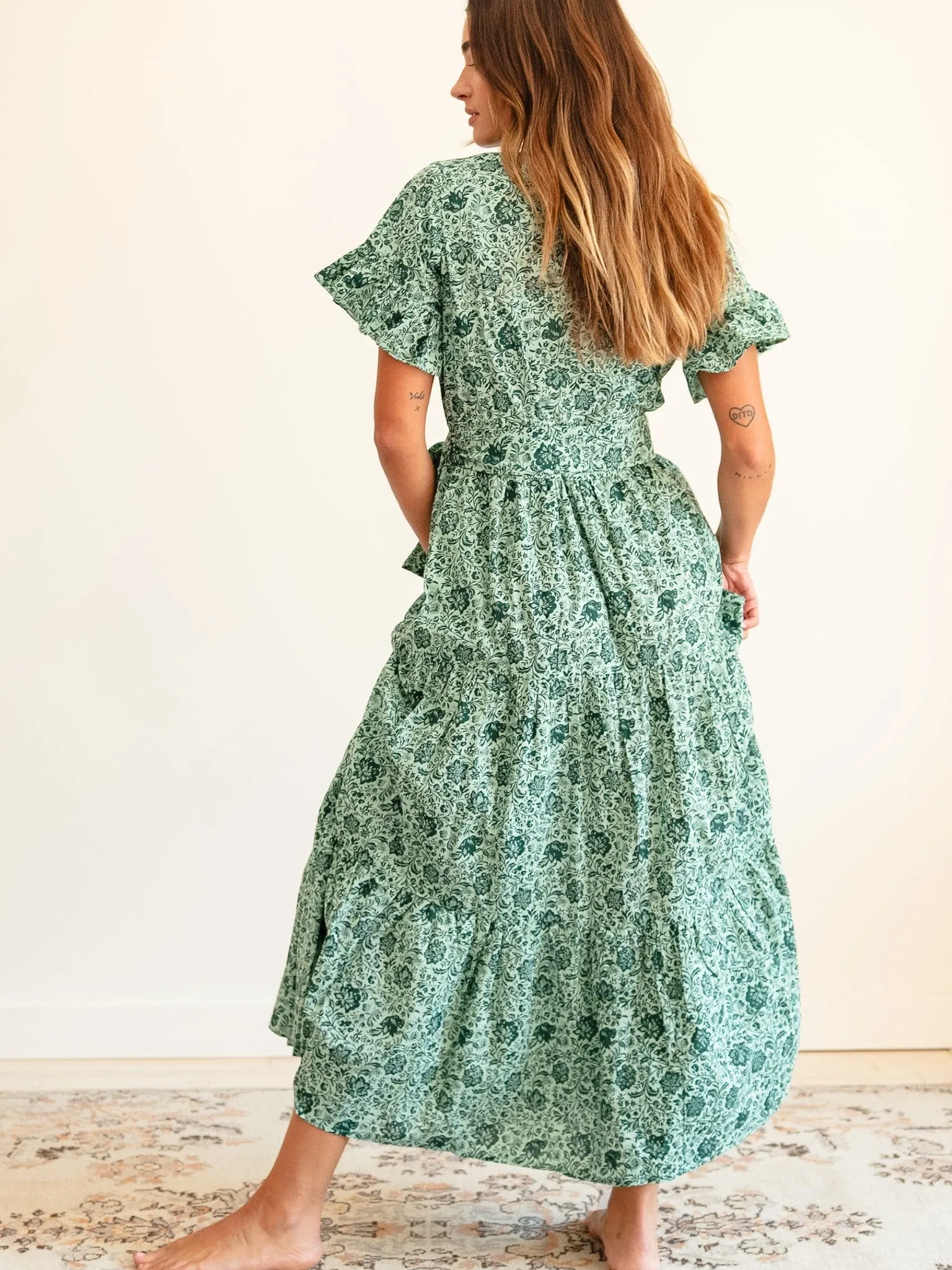 Victoria Dress in Jade Floral Minimalist Style