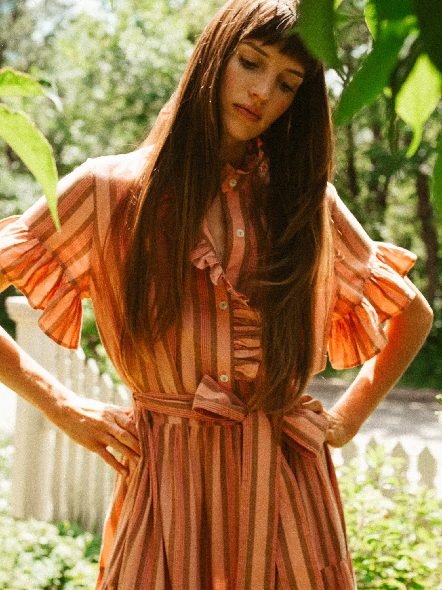 Victoria Dress in Santa Fe Stripe Shimmer-Finish Velvet-Sleeve