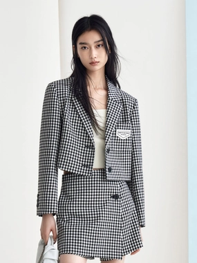 Wool Blend Lapel Crop Suit Jacket Four Way Stretch Fabric Stretchable Waistband