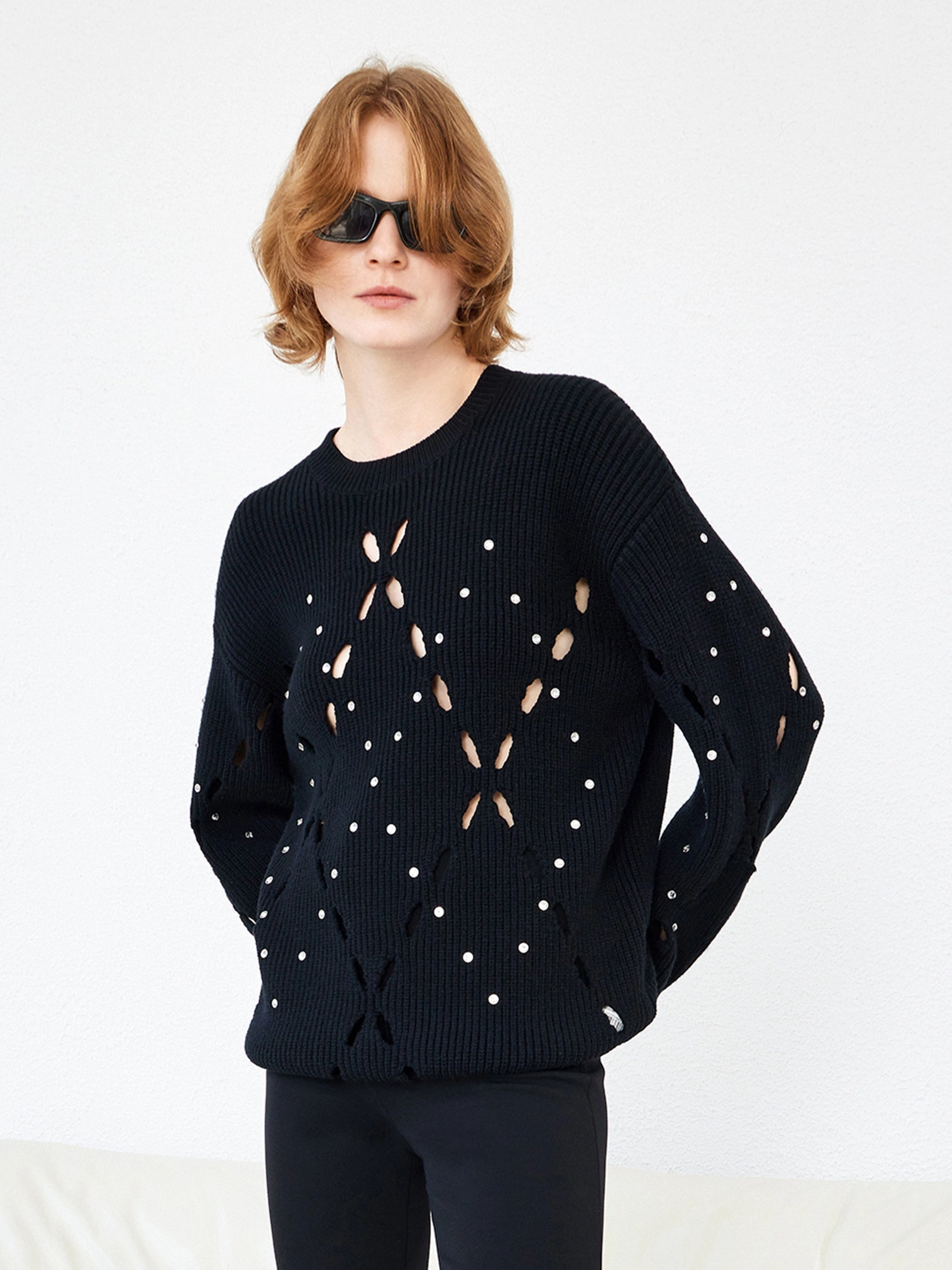 Wool Blend Openwork Rin Knit Pullover Non Chafing Edges Multi Purpose Layering