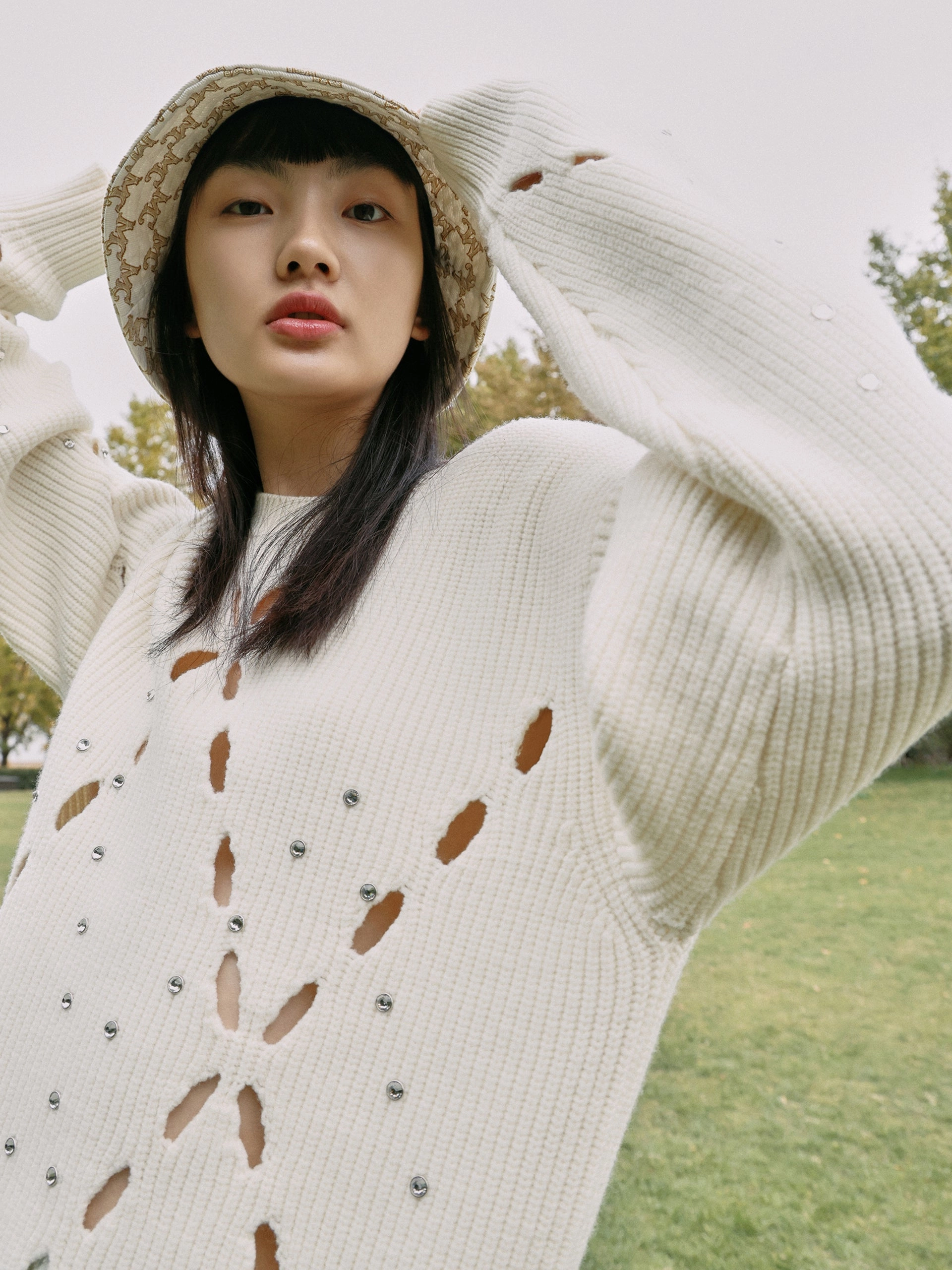Wool Blend Openwork Rin Knit Pullover Soft touch finish