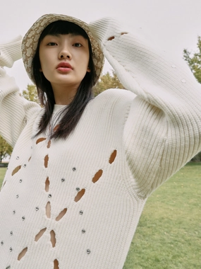 Layered Warmth Wool Blend Openwork Rin Knit Pullover