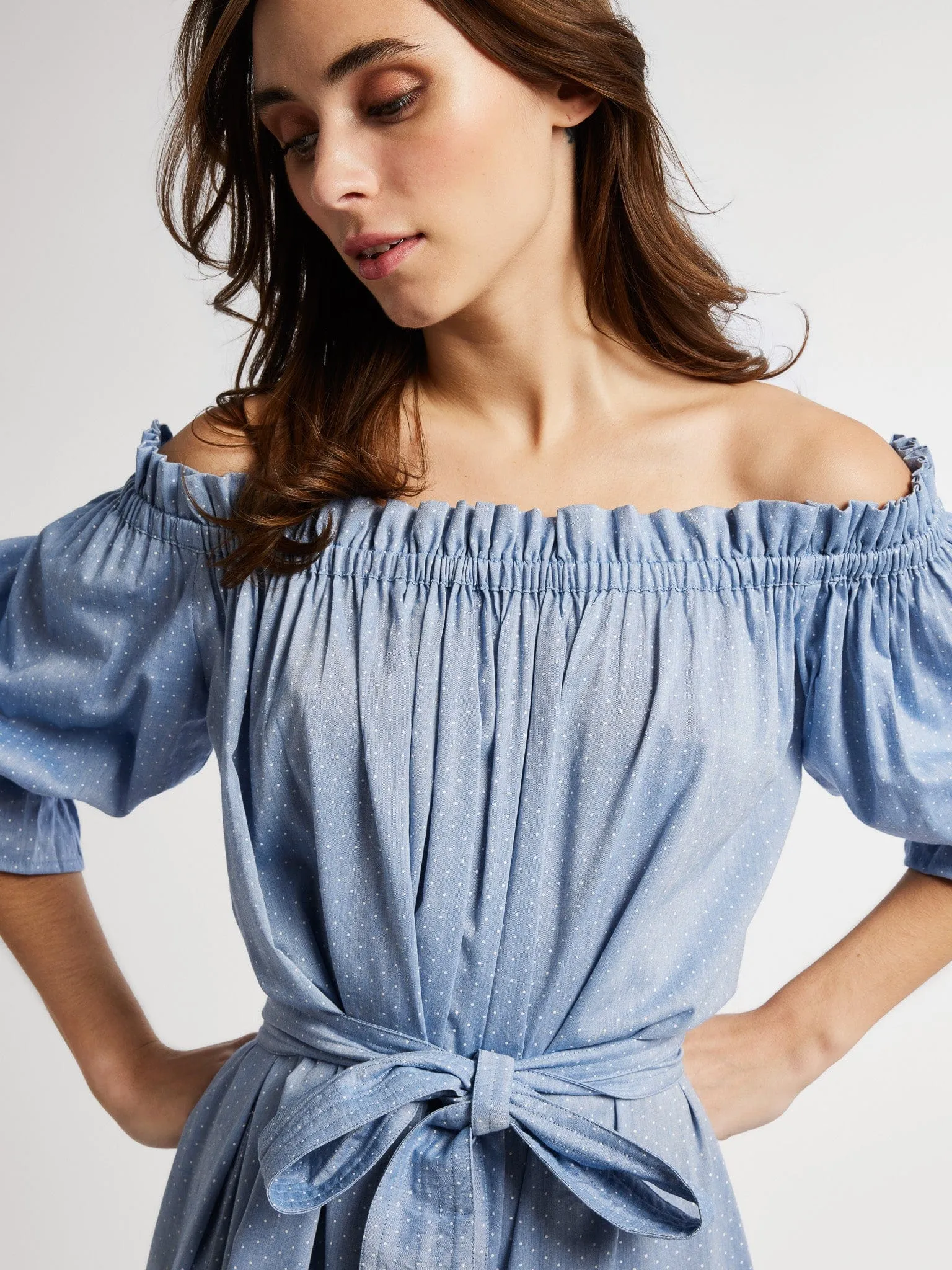 Casual Style Wear Summer Ease Paloma Dress in Chambray Polka Dot