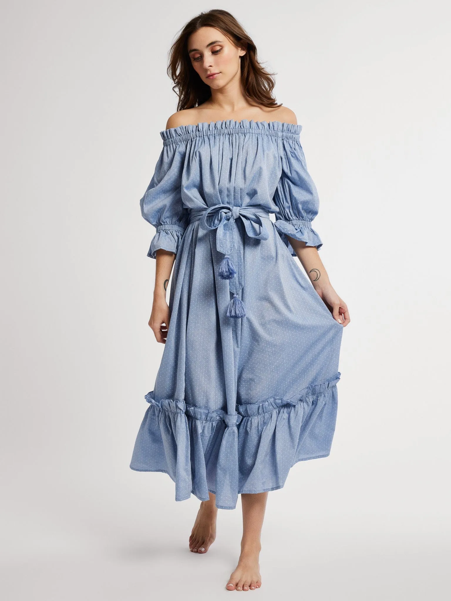 Paloma Dress in Chambray Polka Dot Cool Fabric Tailored Style