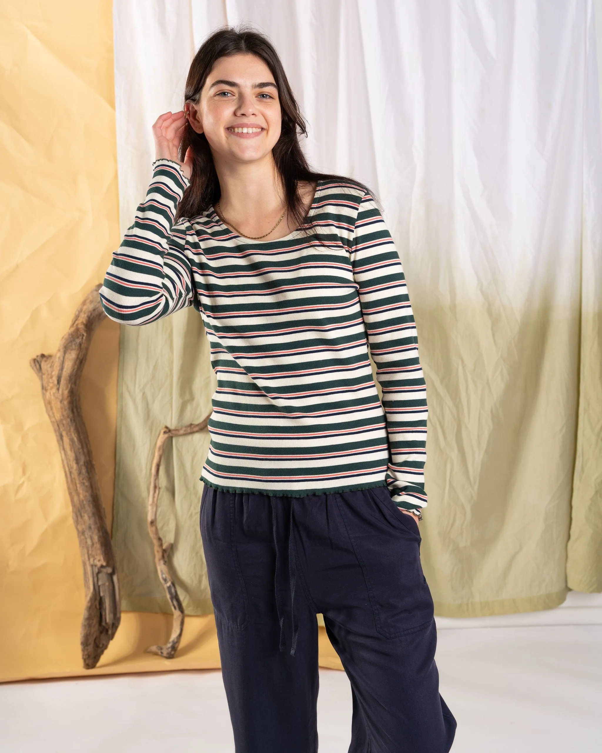 PocketDetail Lenna - Womens Long Sleeve Top - Cream Stripe