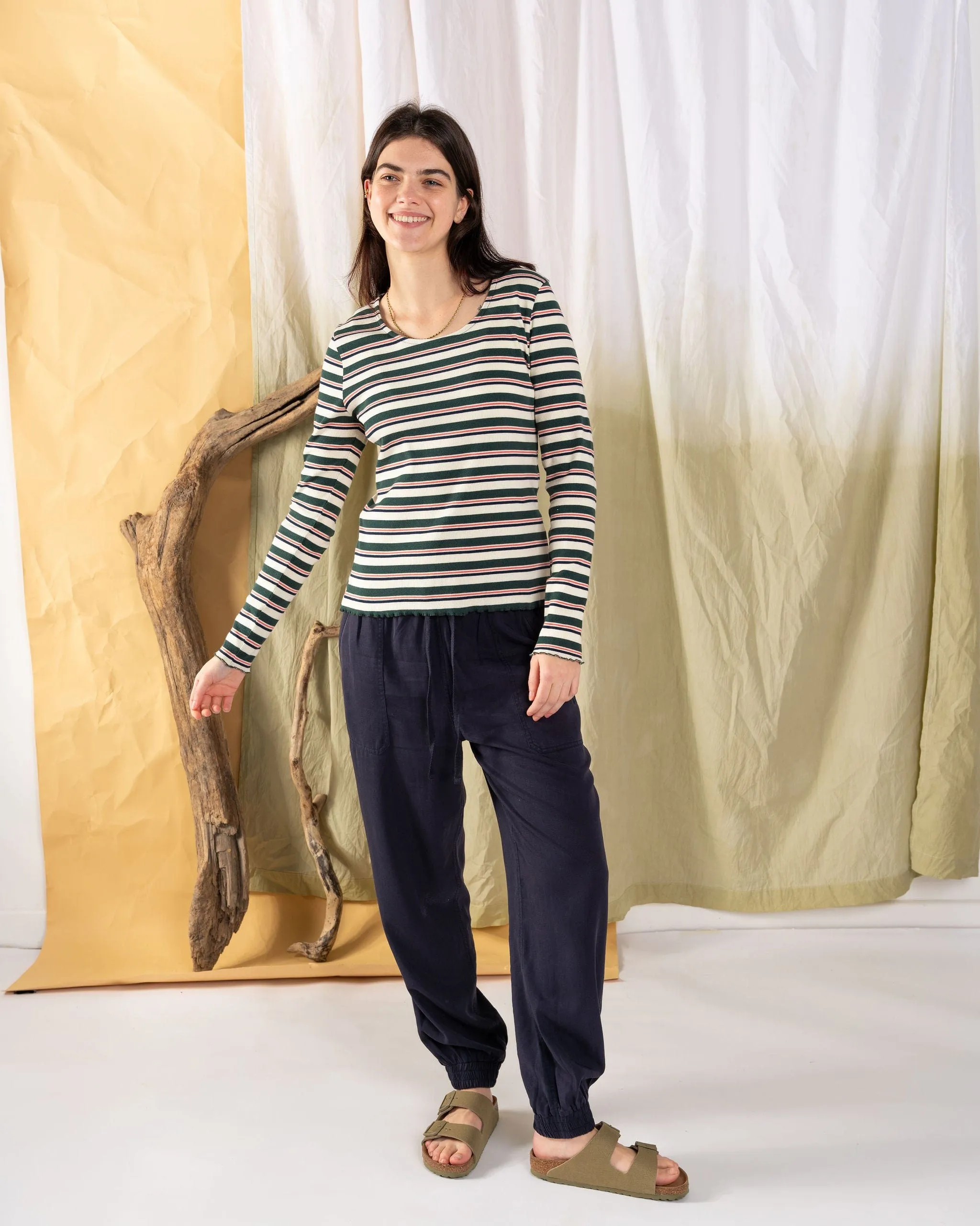 Lenna - Womens Long Sleeve Top - Cream Stripe Eco Friendly Material