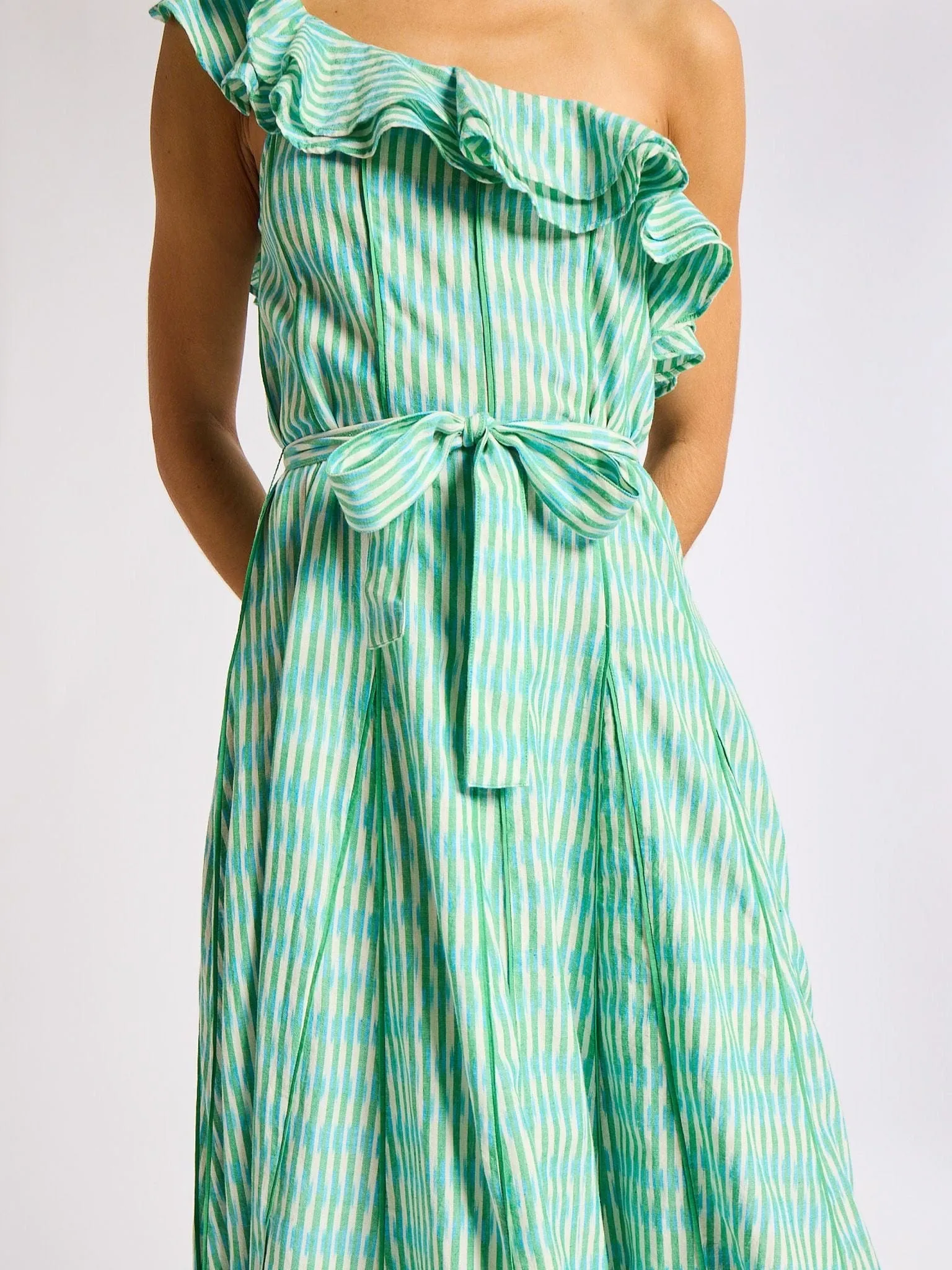 Belt Waist Casual Comfort Wear Yvonne Dress in Green & Blue Ikat