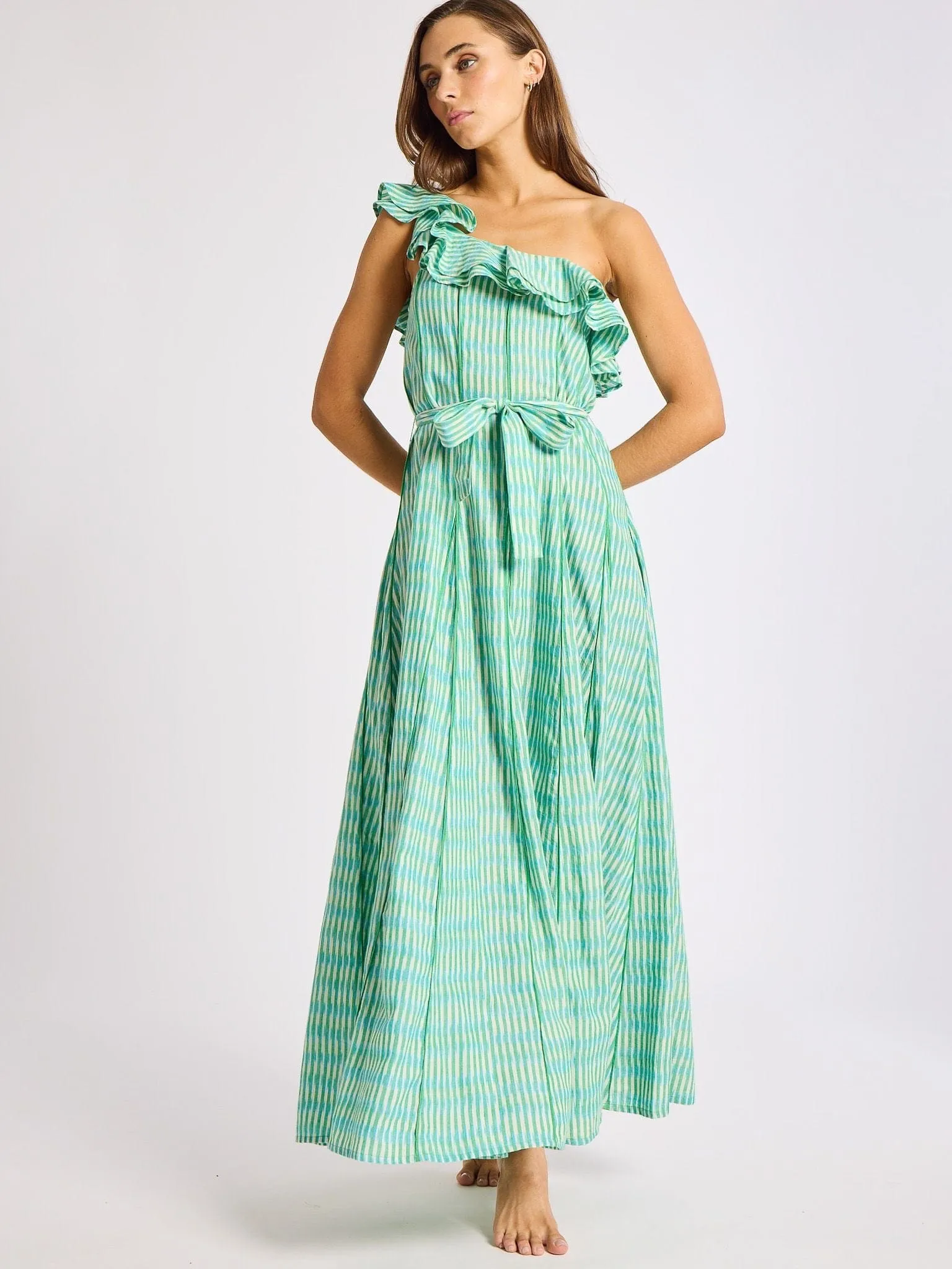 Sleek And Stylish Indoor Event Yvonne Dress in Green & Blue Ikat
