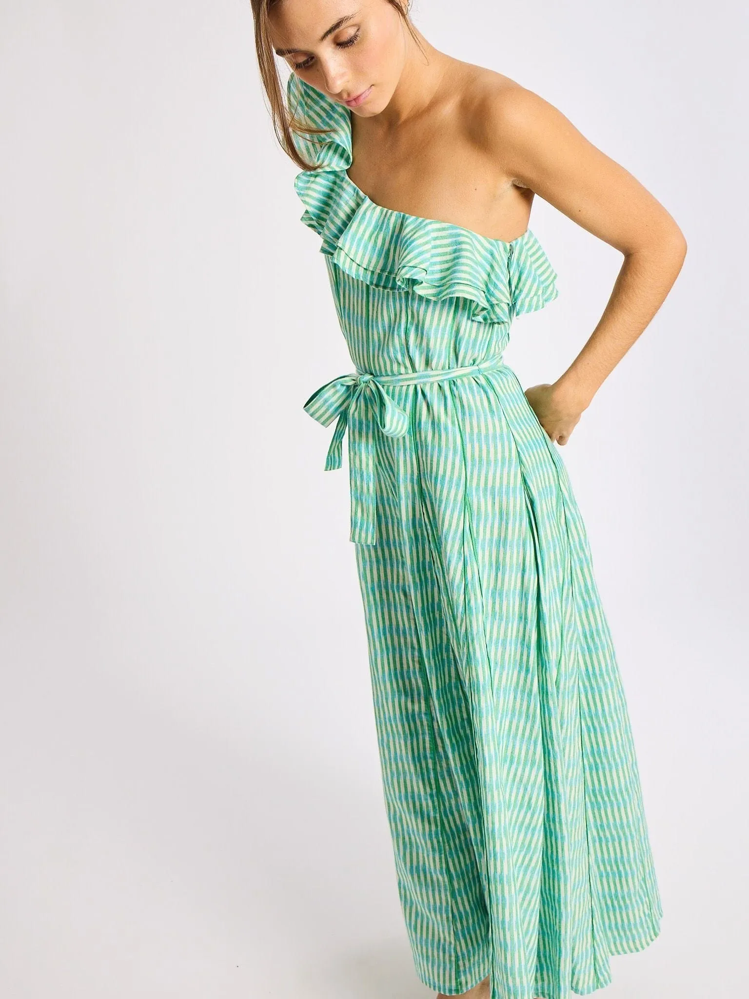 Yvonne Dress in Green & Blue Ikat Stylish Design